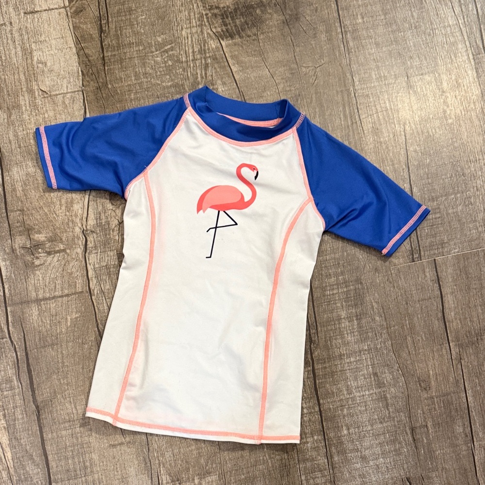 5/$15 Flamingo Kids Rash Guard Swim Shirt - Blue and White kids xxs 4/5